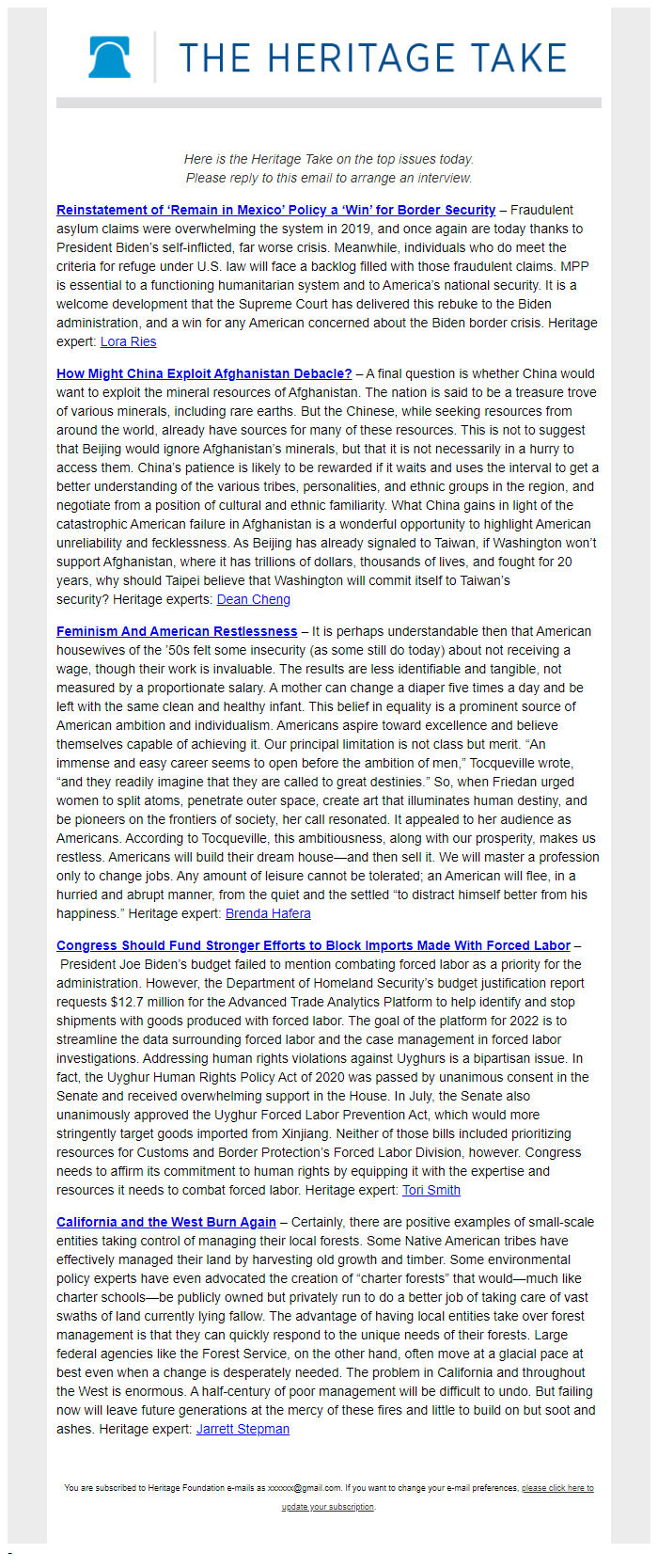 Screenshot of the email generated on import