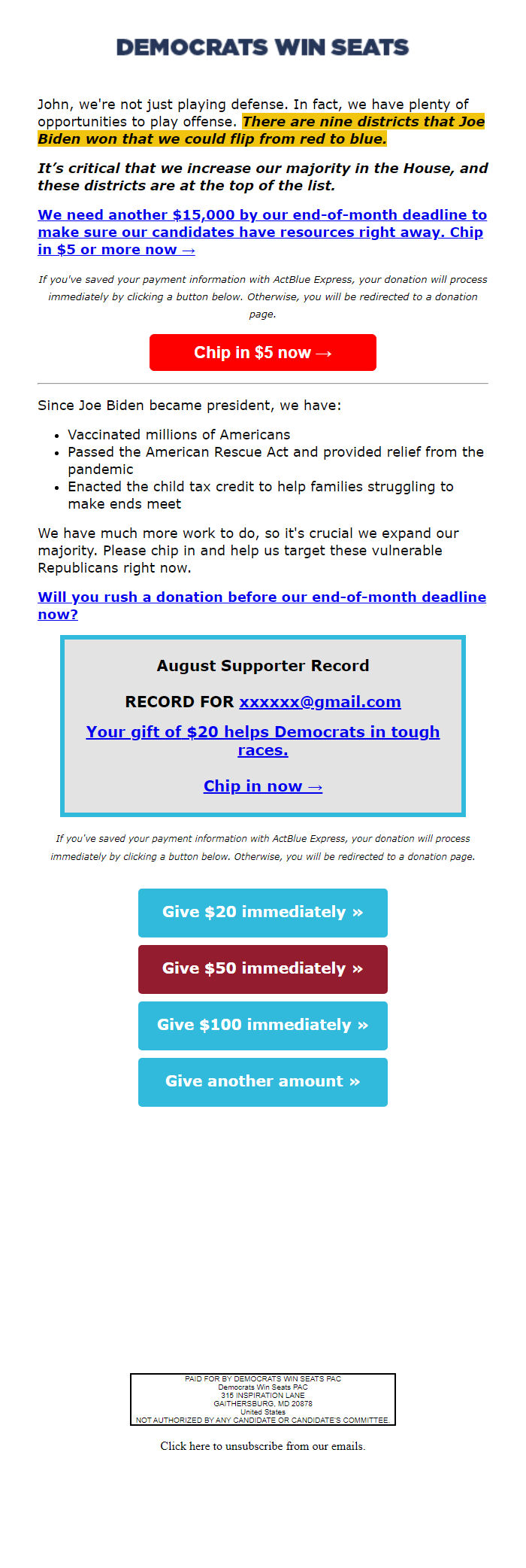 Screenshot of the email generated on import