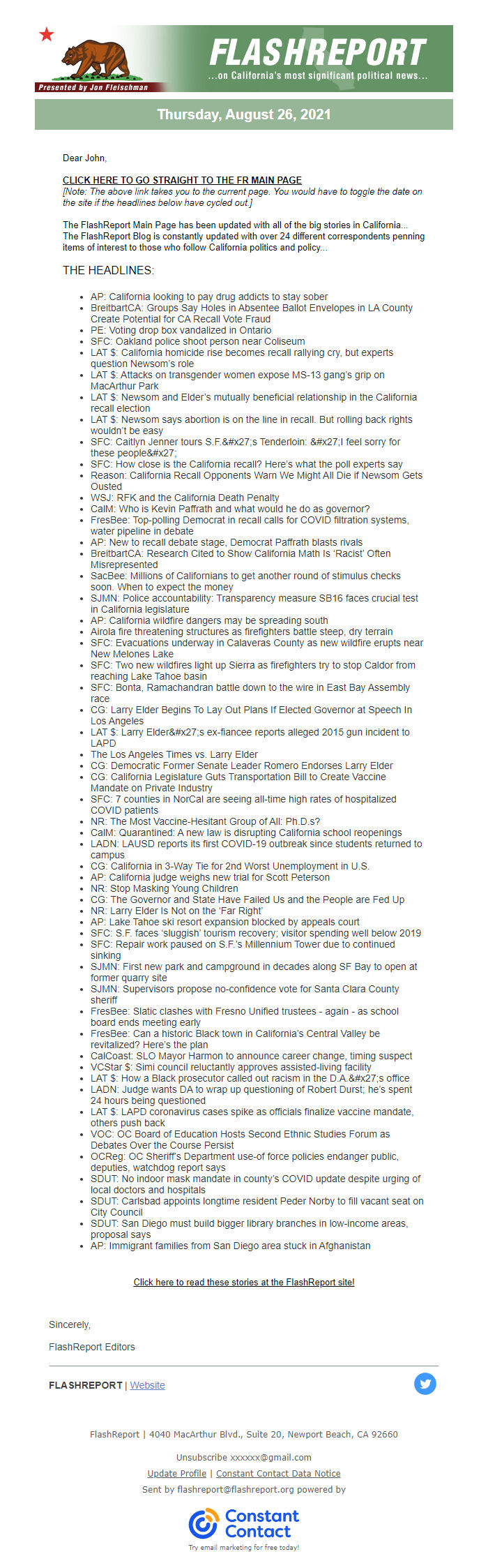 Screenshot of the email generated on import