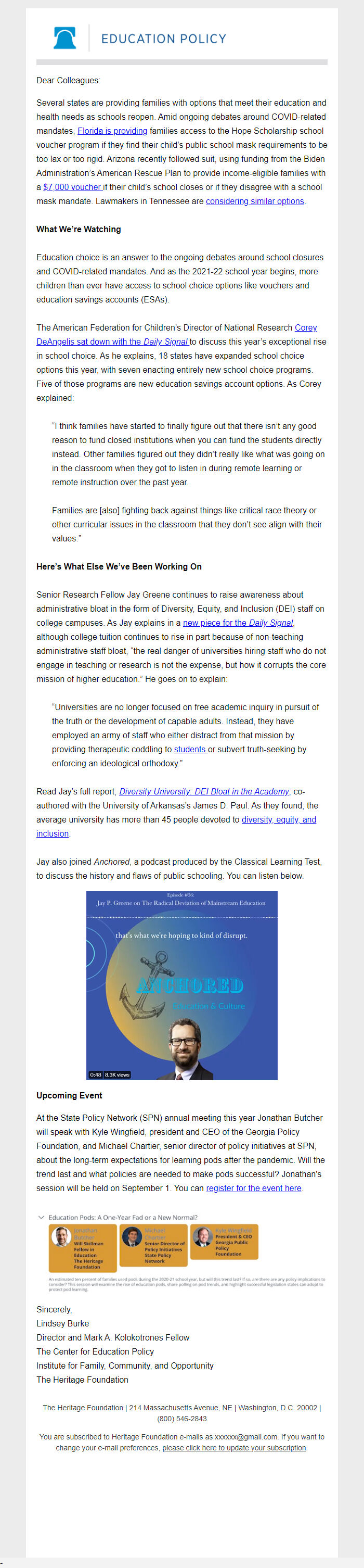 Screenshot of the email generated on import