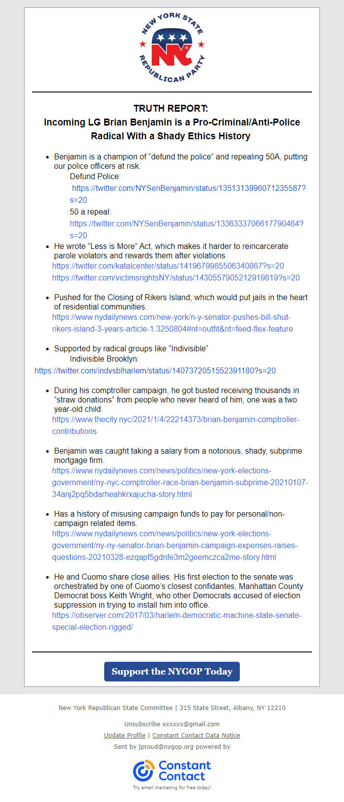 Screenshot of the email generated on import