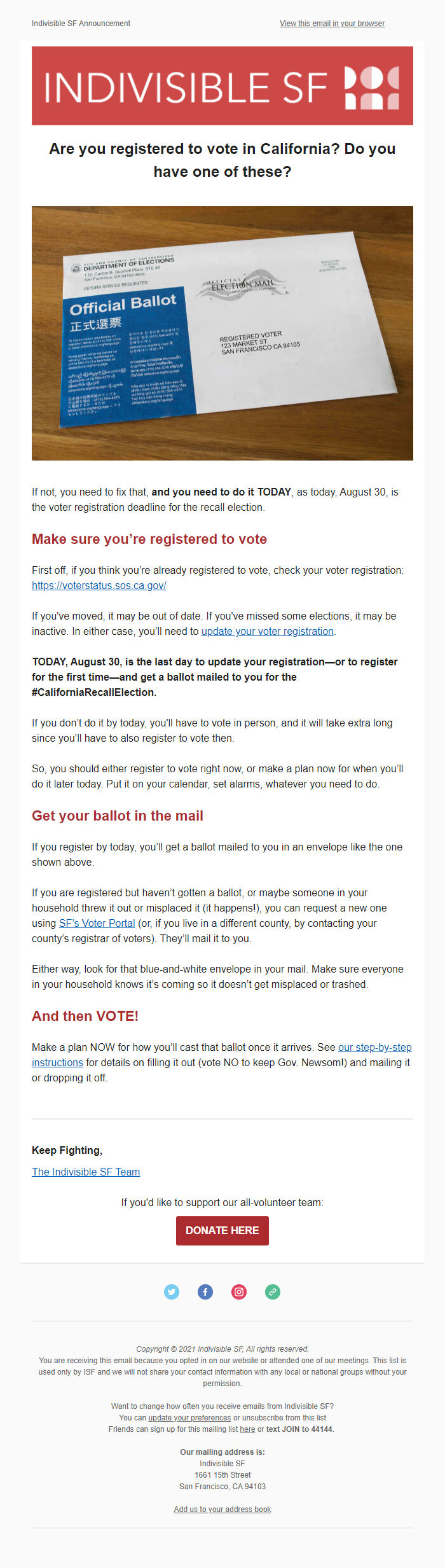 Screenshot of the email generated on import