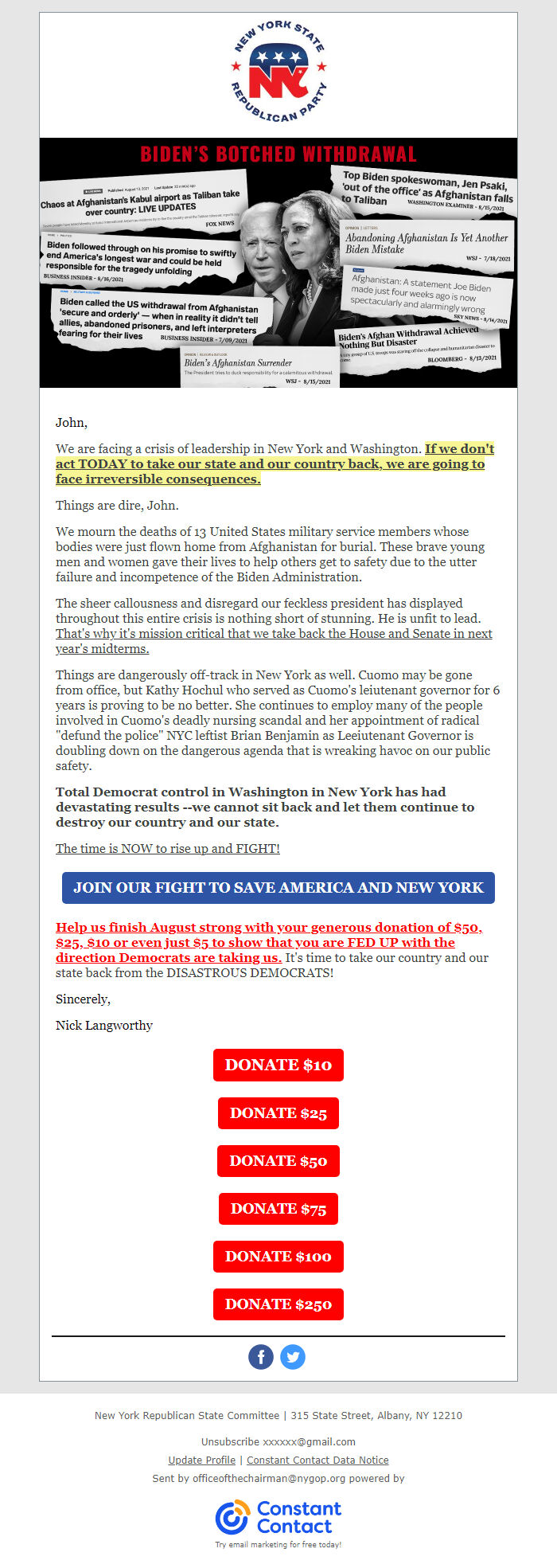 Screenshot of the email generated on import
