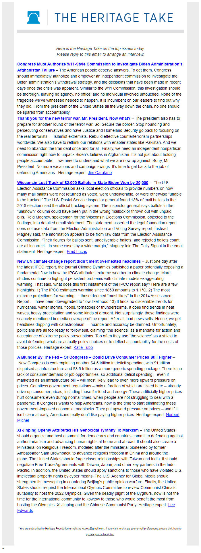 Screenshot of the email generated on import