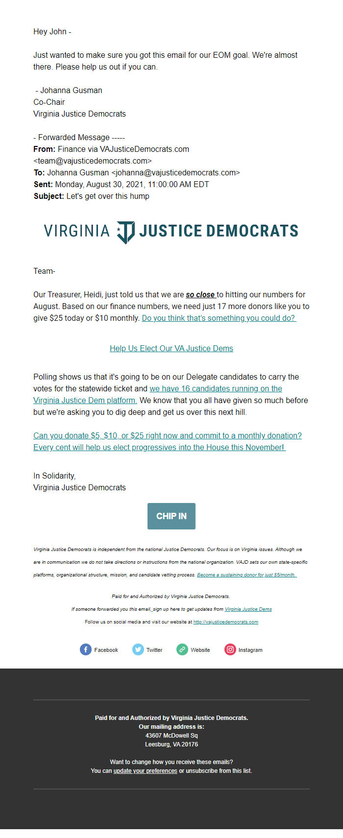 Screenshot of the email generated on import