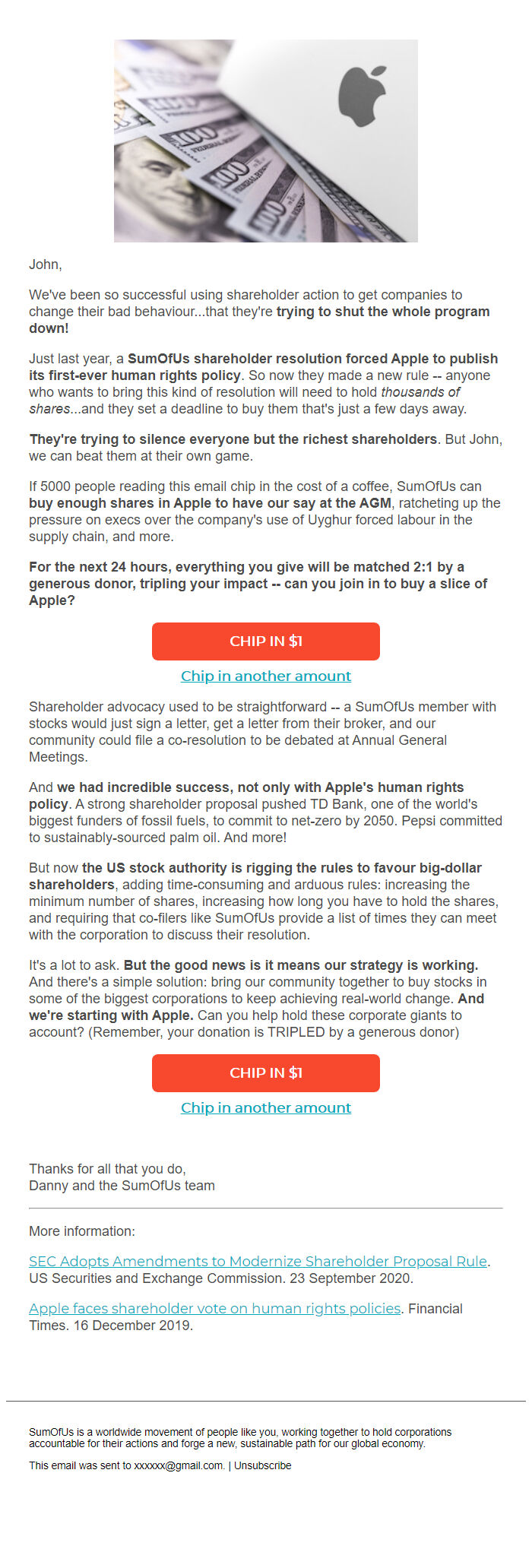 Screenshot of the email generated on import