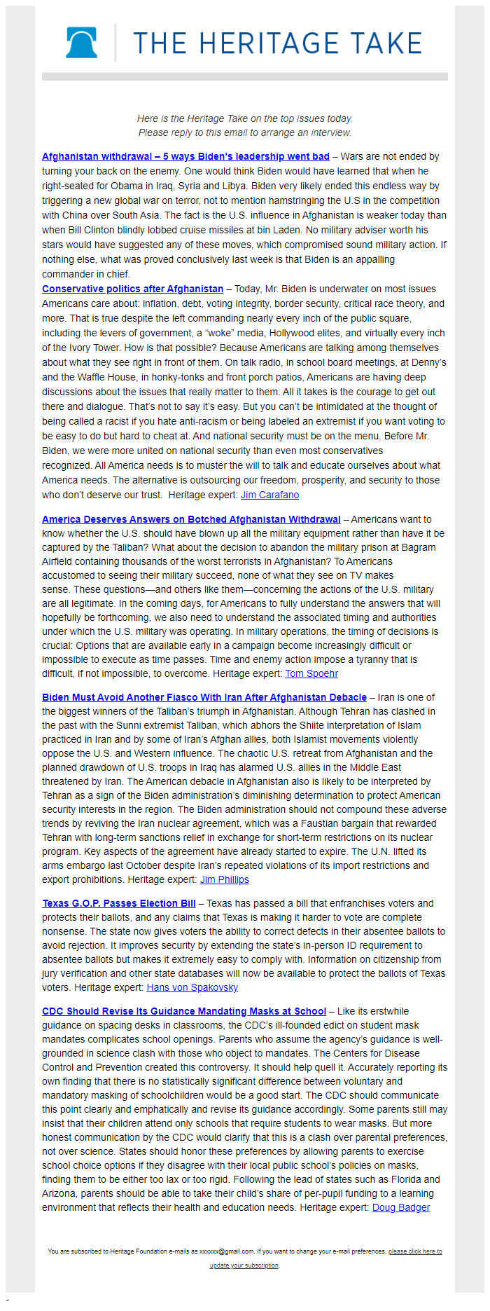 Screenshot of the email generated on import