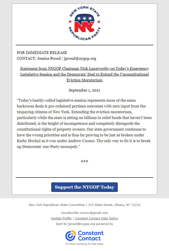 Screenshot of the email generated on import