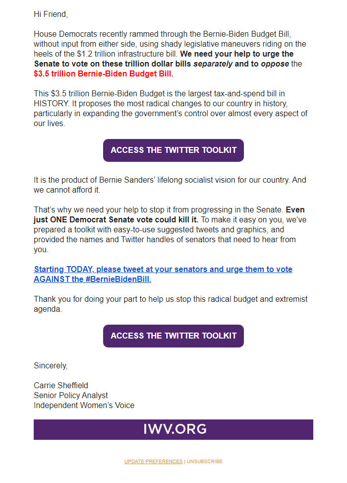 Screenshot of the email generated on import