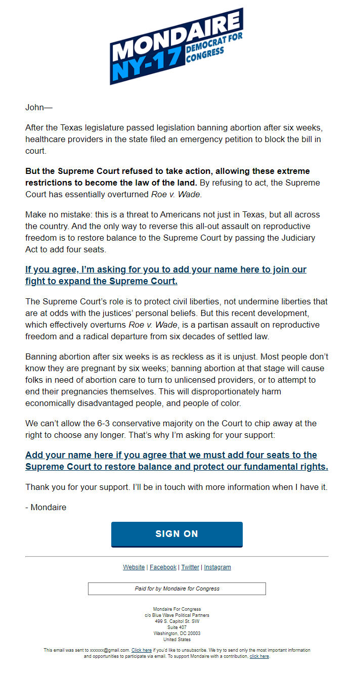 Screenshot of the email generated on import