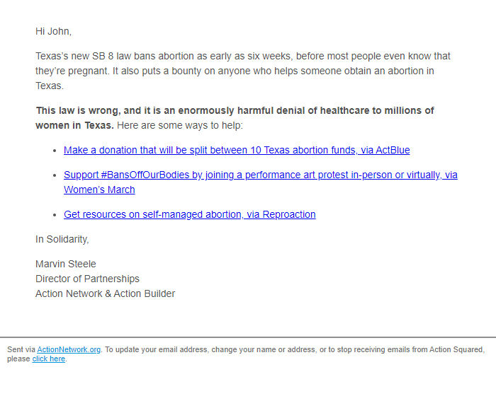 Screenshot of the email generated on import