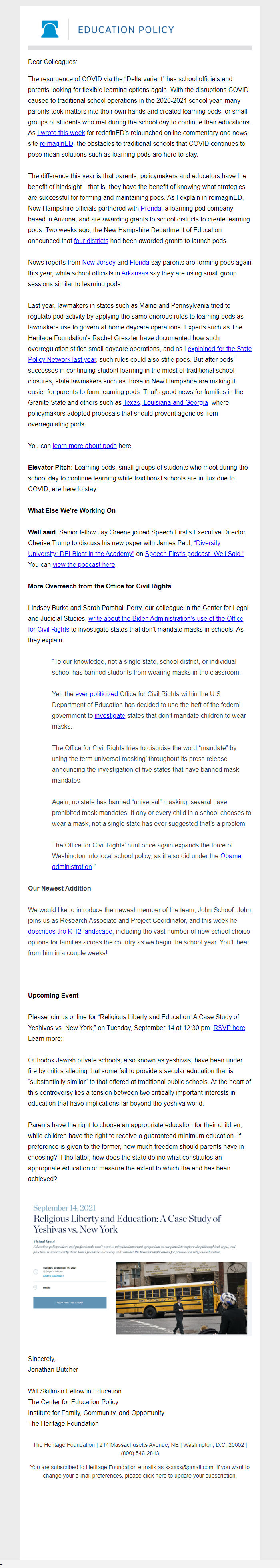 Screenshot of the email generated on import
