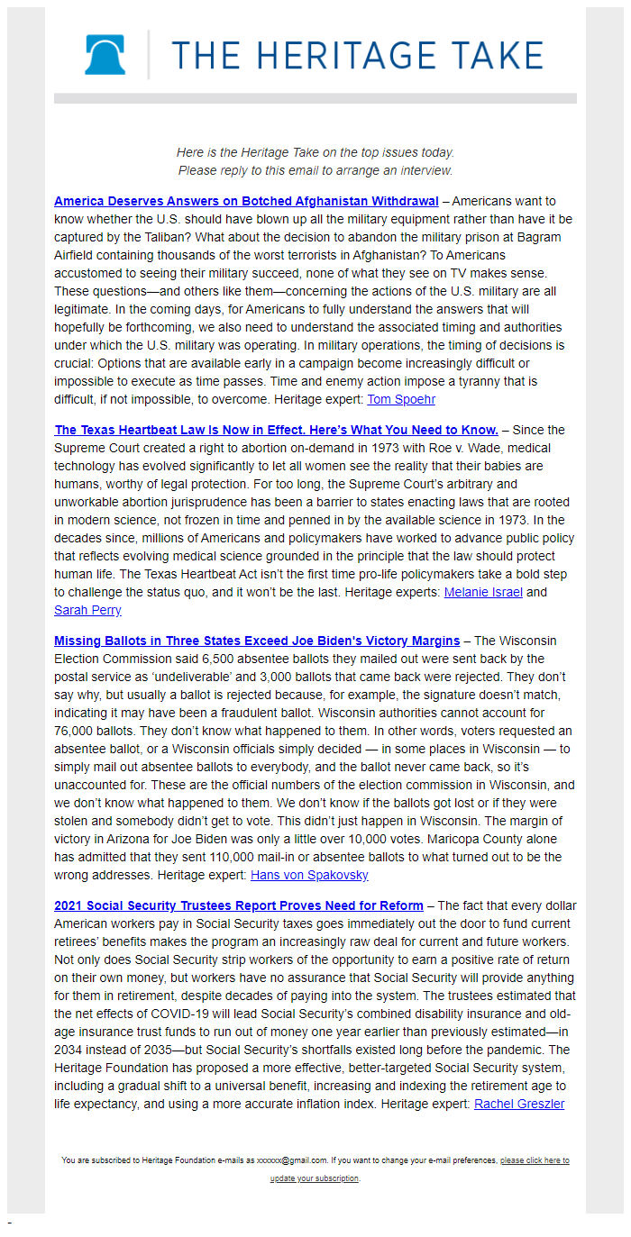 Screenshot of the email generated on import