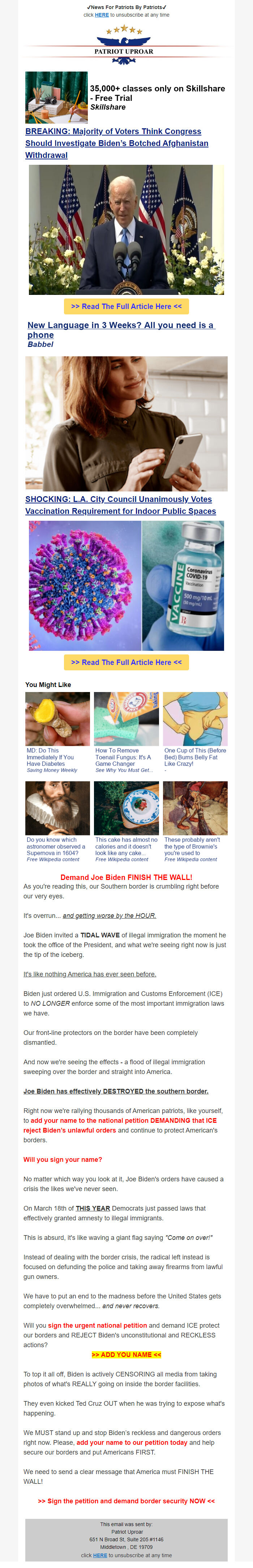 Screenshot of the email generated on import