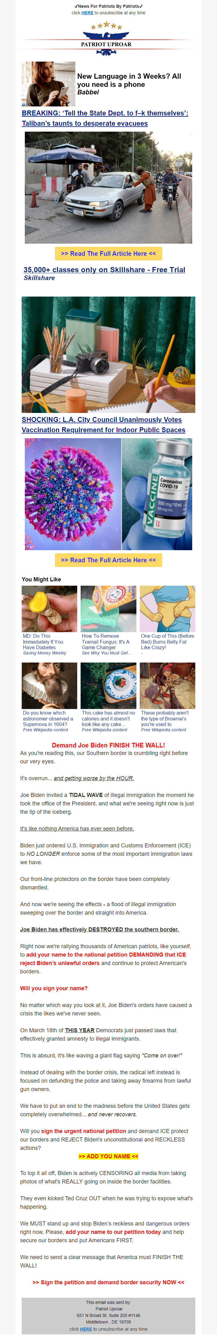 Screenshot of the email generated on import