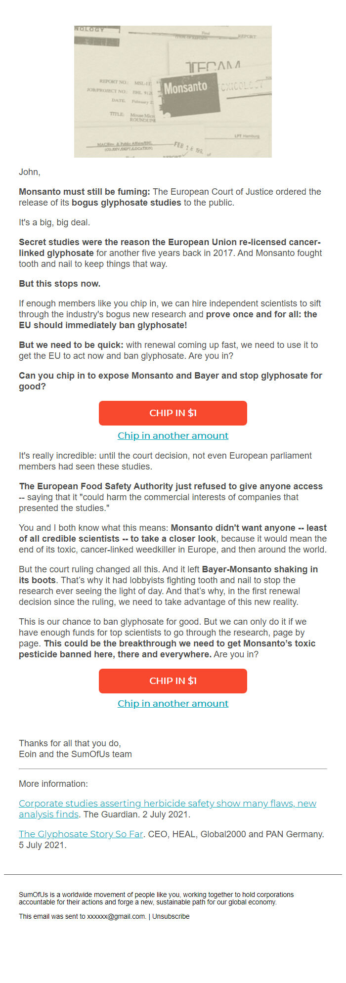 Screenshot of the email generated on import