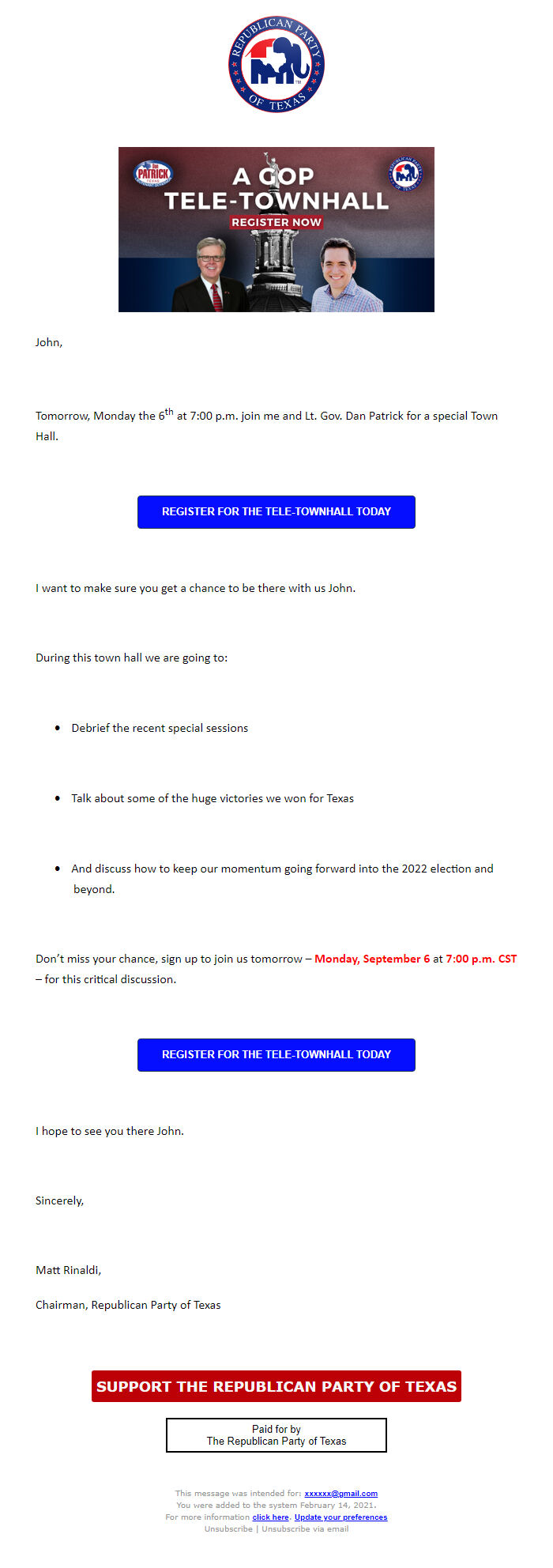 Screenshot of the email generated on import