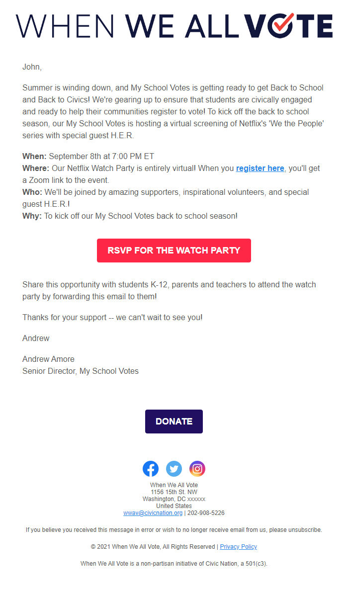 Screenshot of the email generated on import