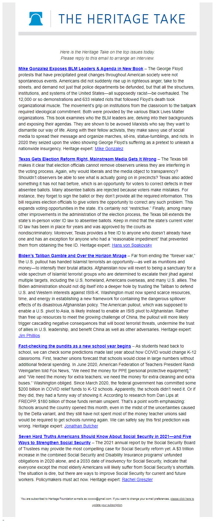 Screenshot of the email generated on import