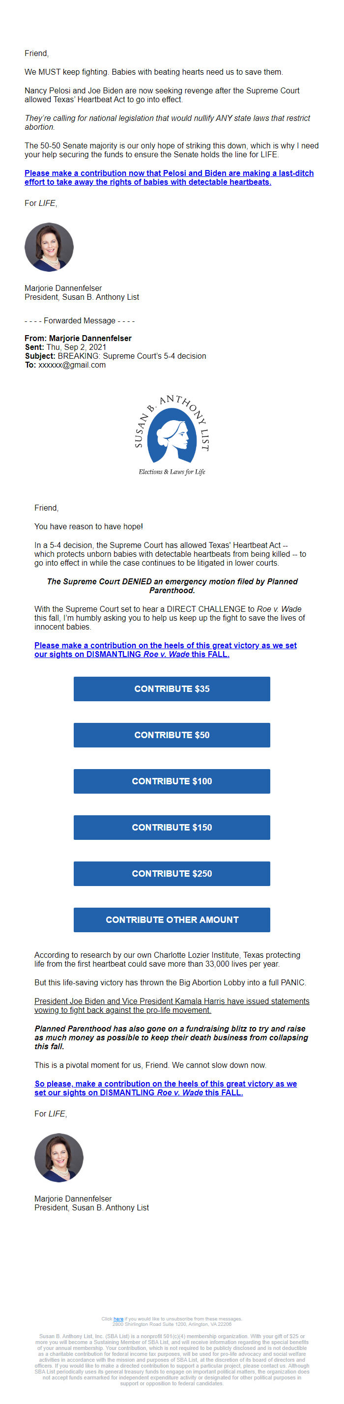 Screenshot of the email generated on import
