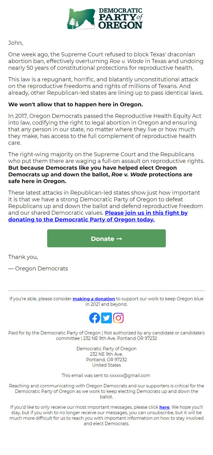 Screenshot of the email generated on import