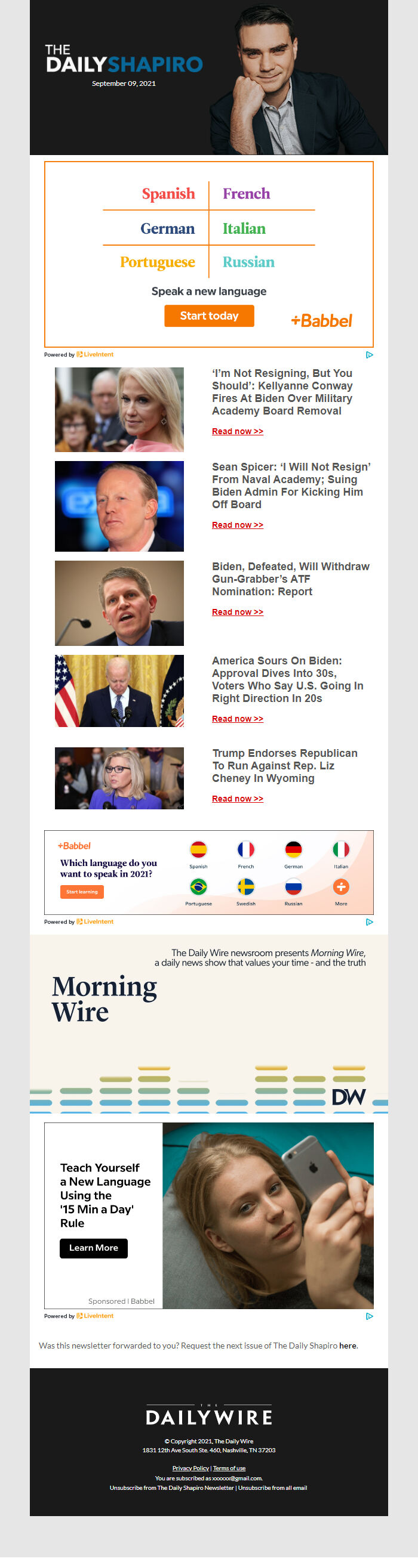 Screenshot of the email generated on import