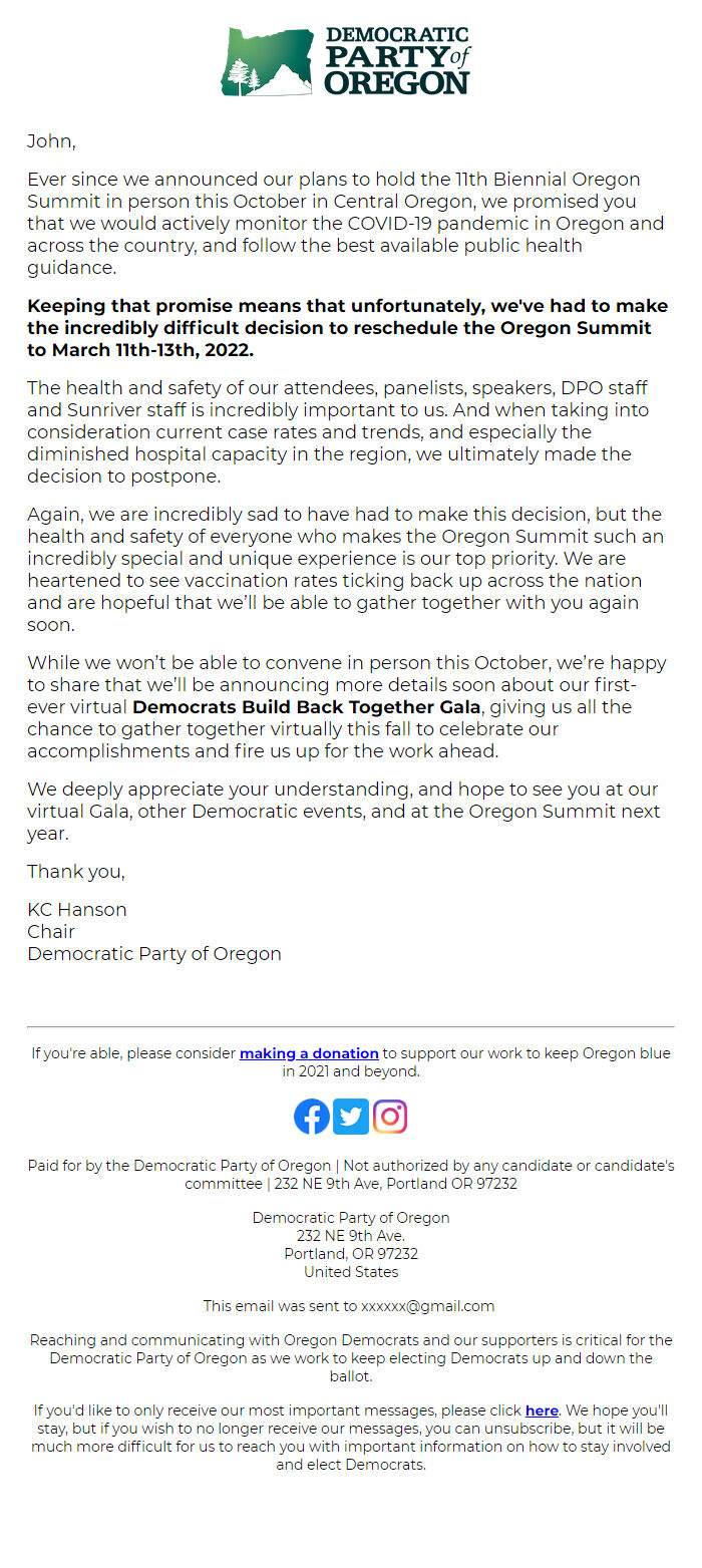 Screenshot of the email generated on import