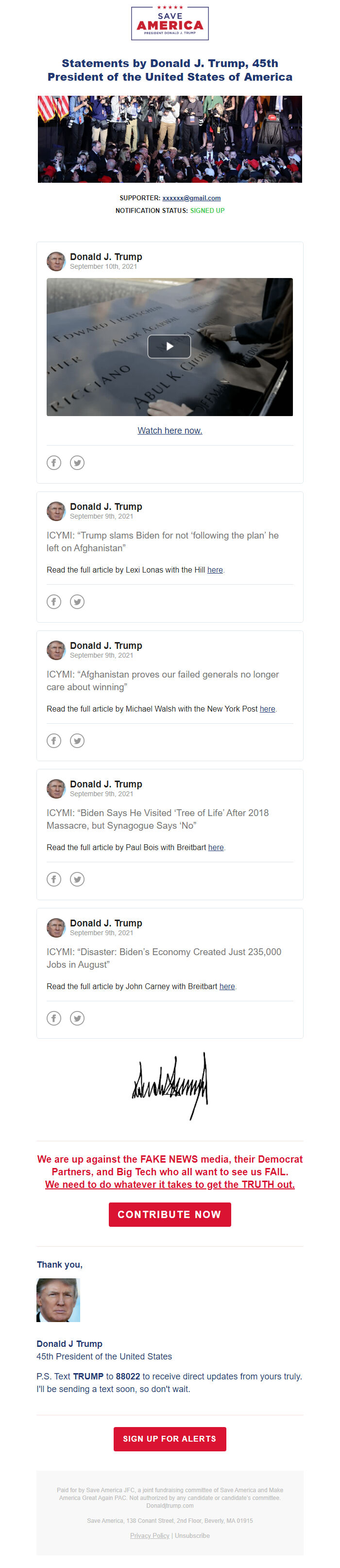 Screenshot of the email generated on import