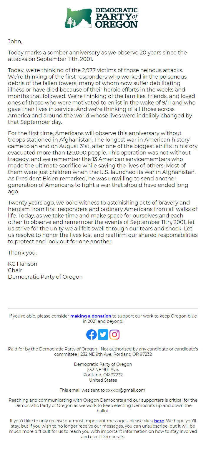 Screenshot of the email generated on import