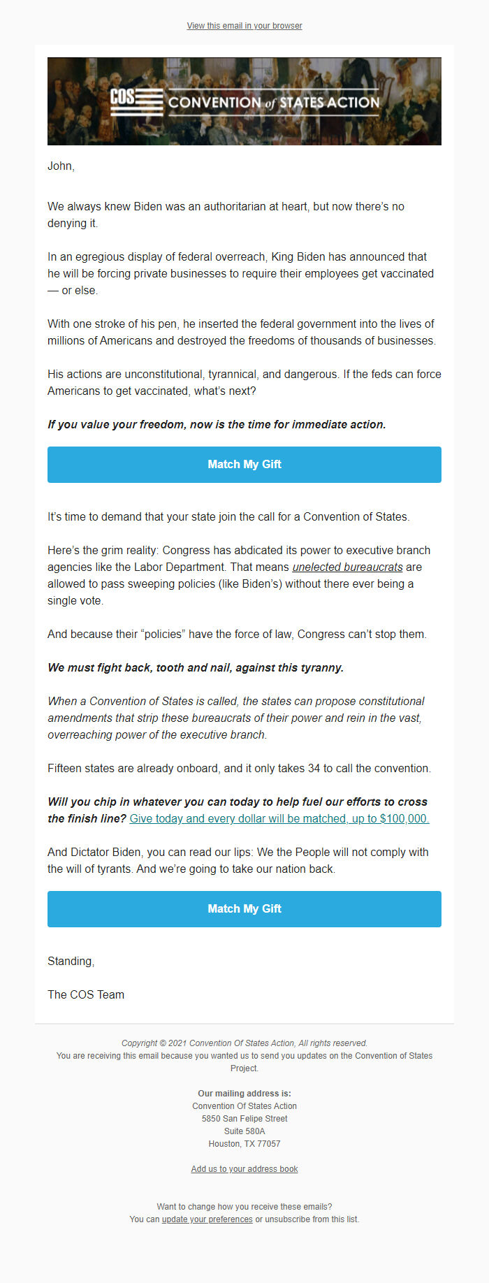 Screenshot of the email generated on import