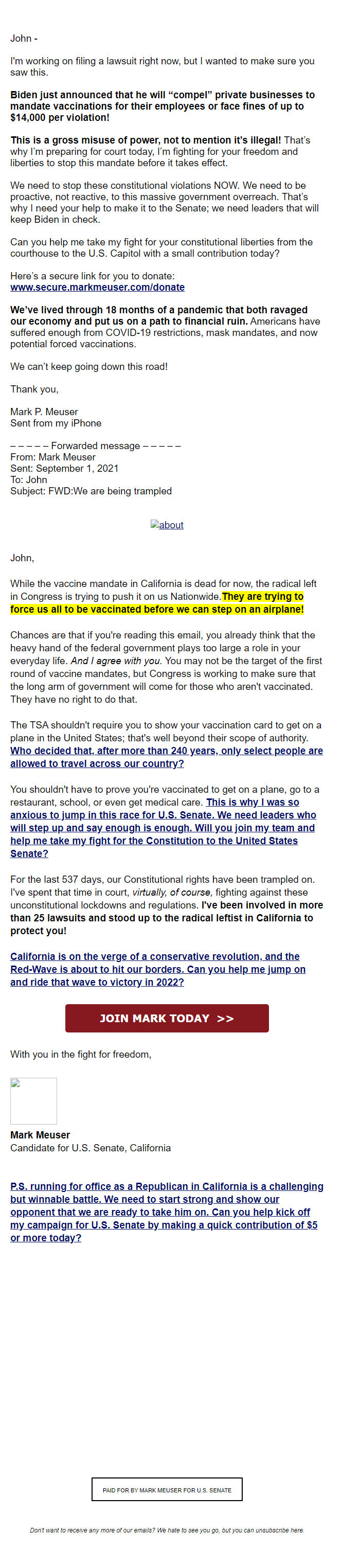 Screenshot of the email generated on import