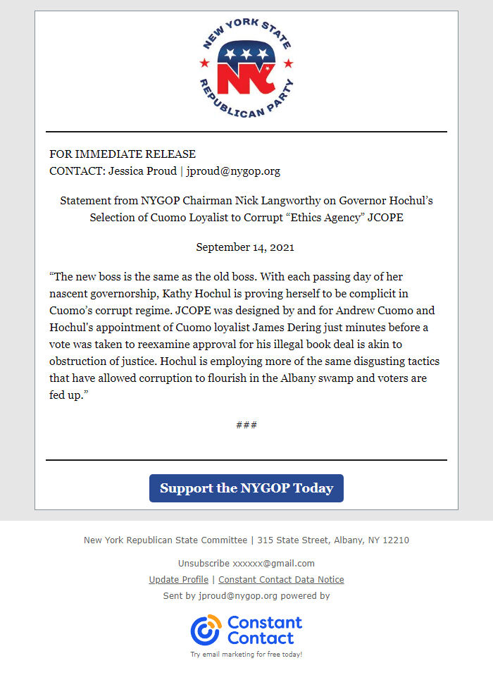 Screenshot of the email generated on import