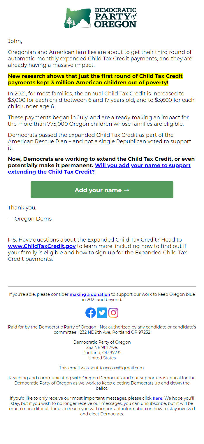 Screenshot of the email generated on import