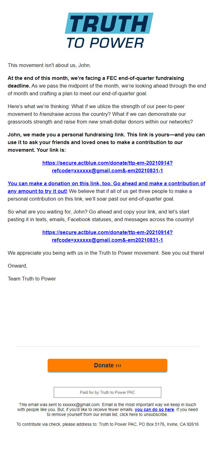 Screenshot of the email generated on import