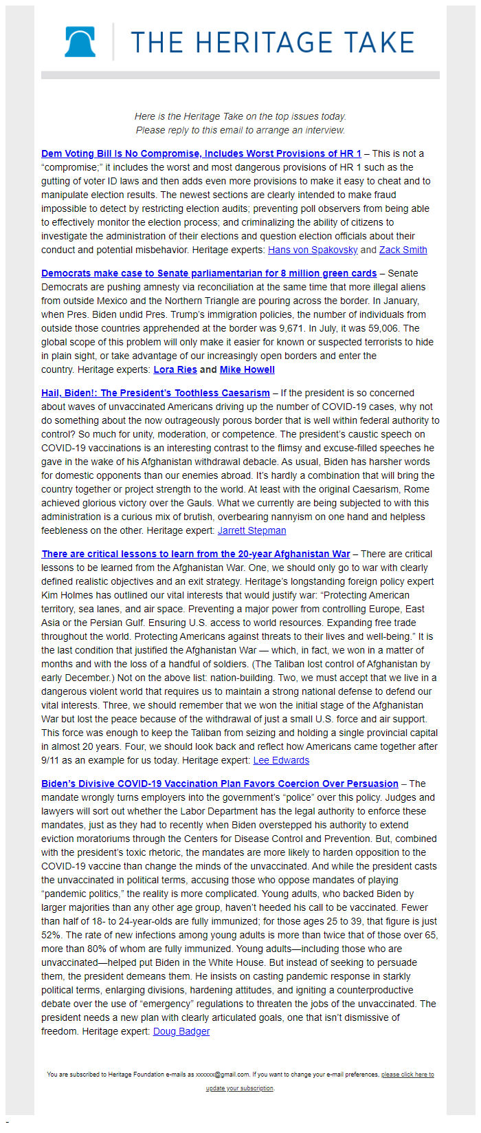 Screenshot of the email generated on import