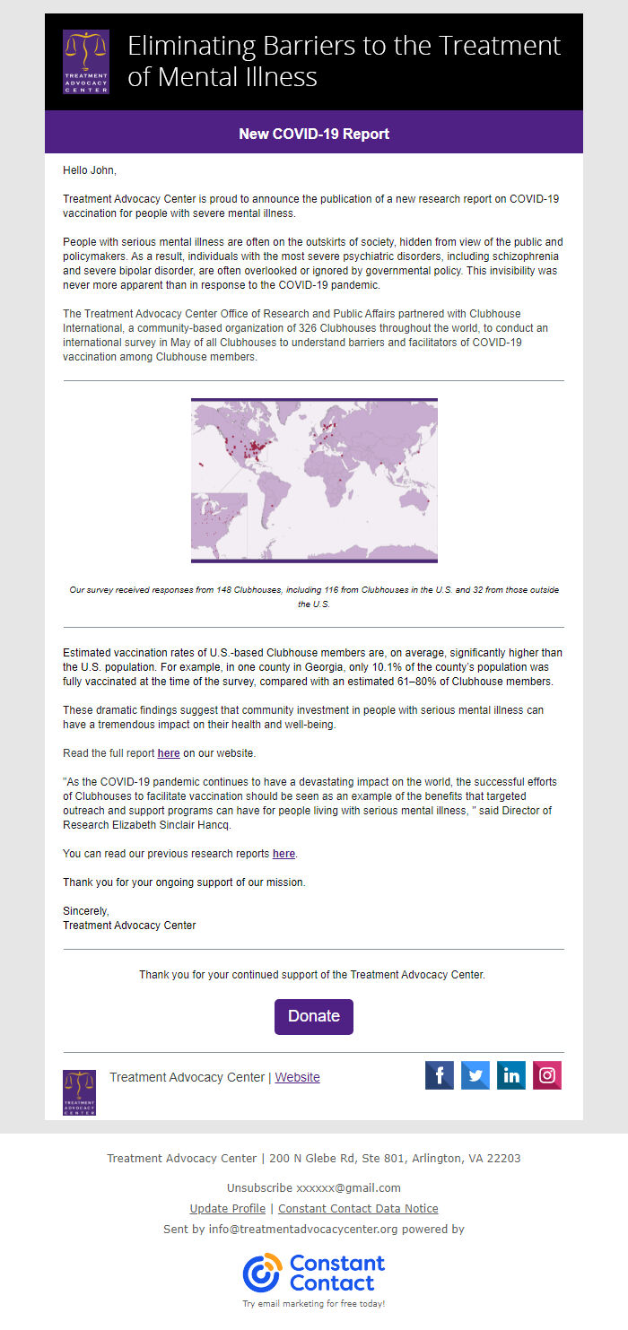 Screenshot of the email generated on import