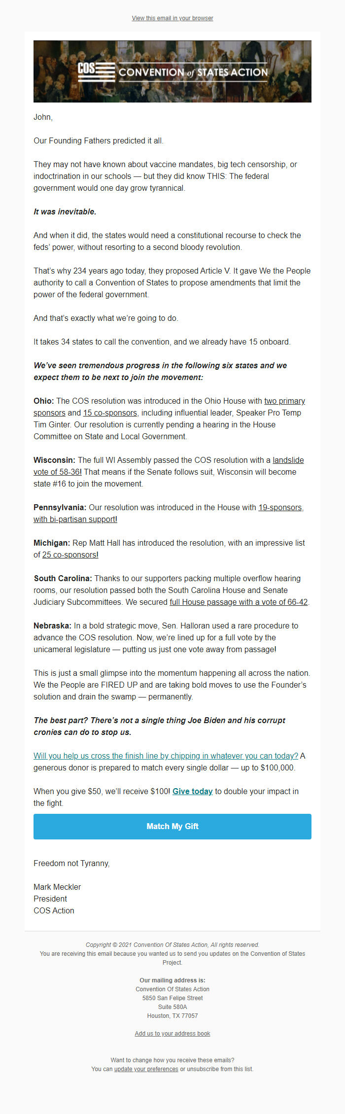Screenshot of the email generated on import