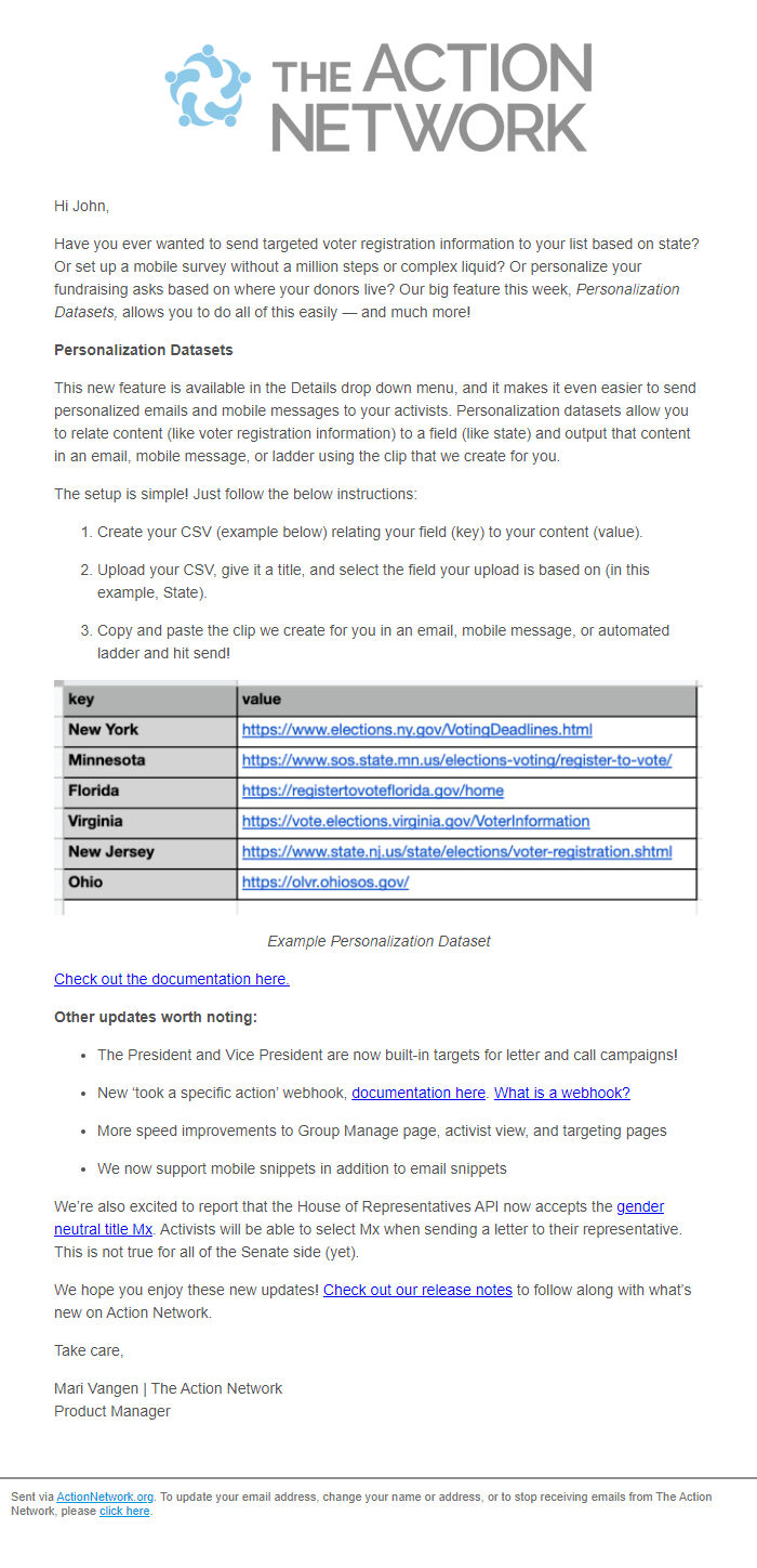 Screenshot of the email generated on import