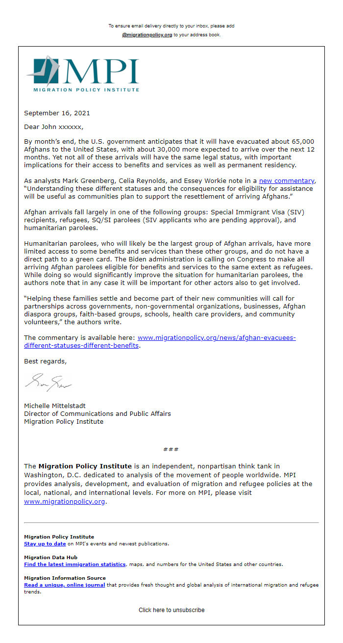 Screenshot of the email generated on import