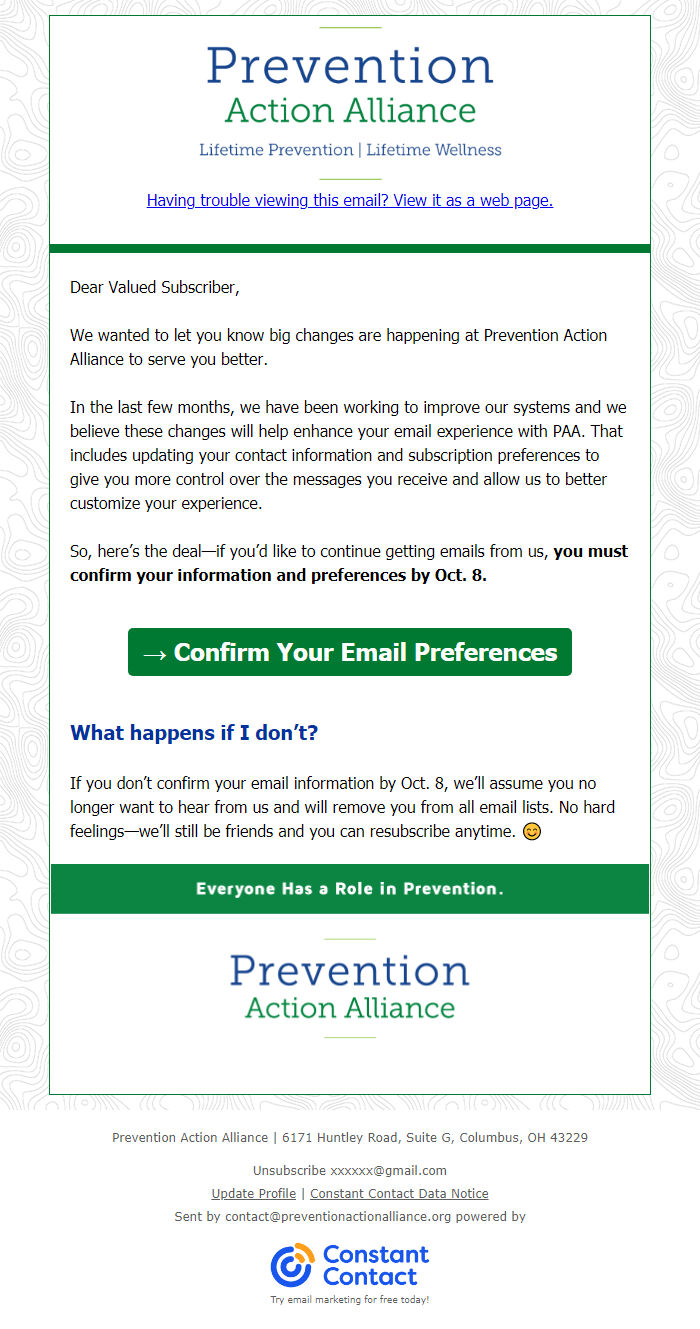 Screenshot of the email generated on import