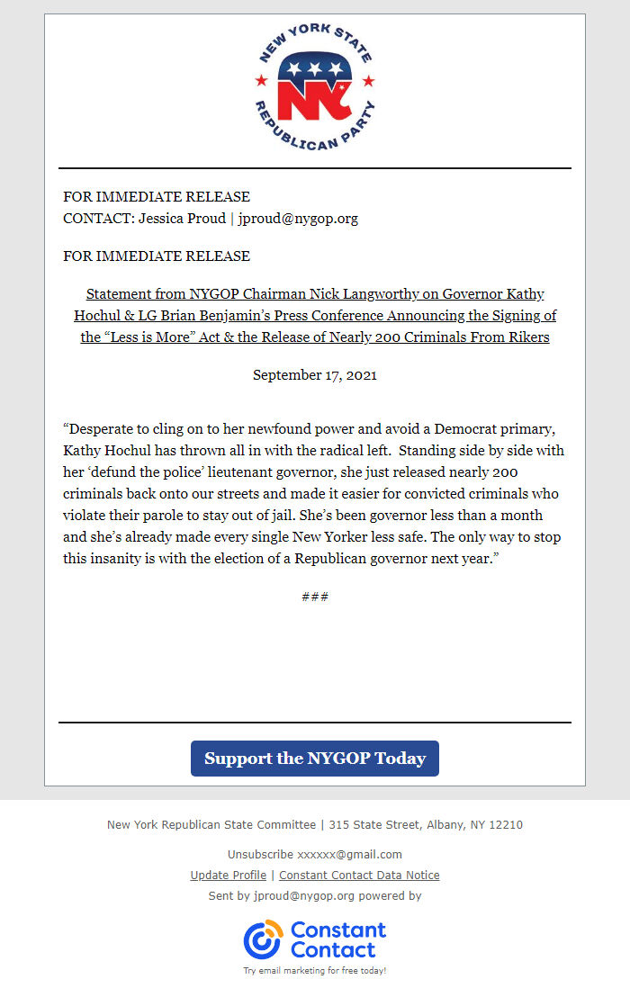 Screenshot of the email generated on import