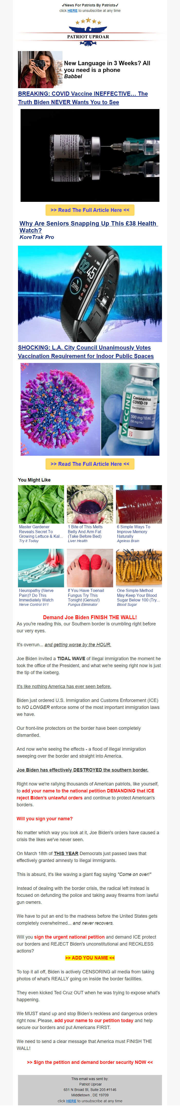 Screenshot of the email generated on import