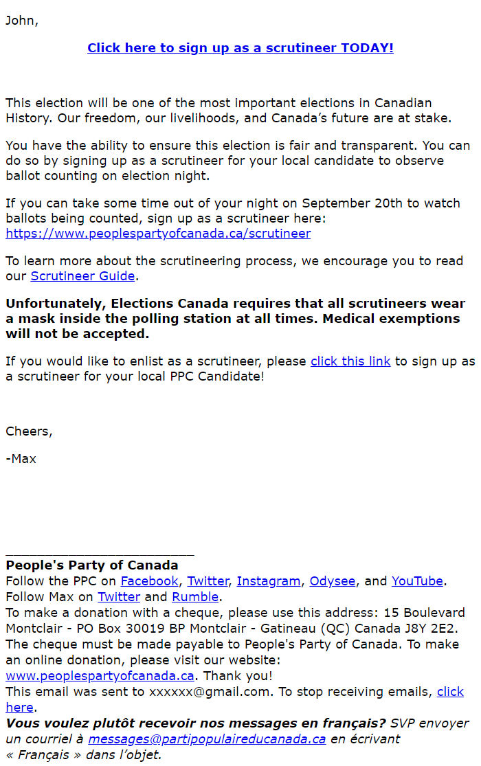 Screenshot of the email generated on import