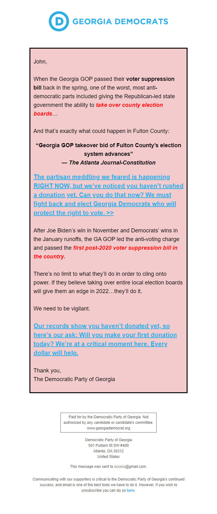 Screenshot of the email generated on import