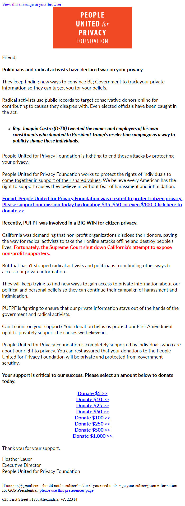 Screenshot of the email generated on import