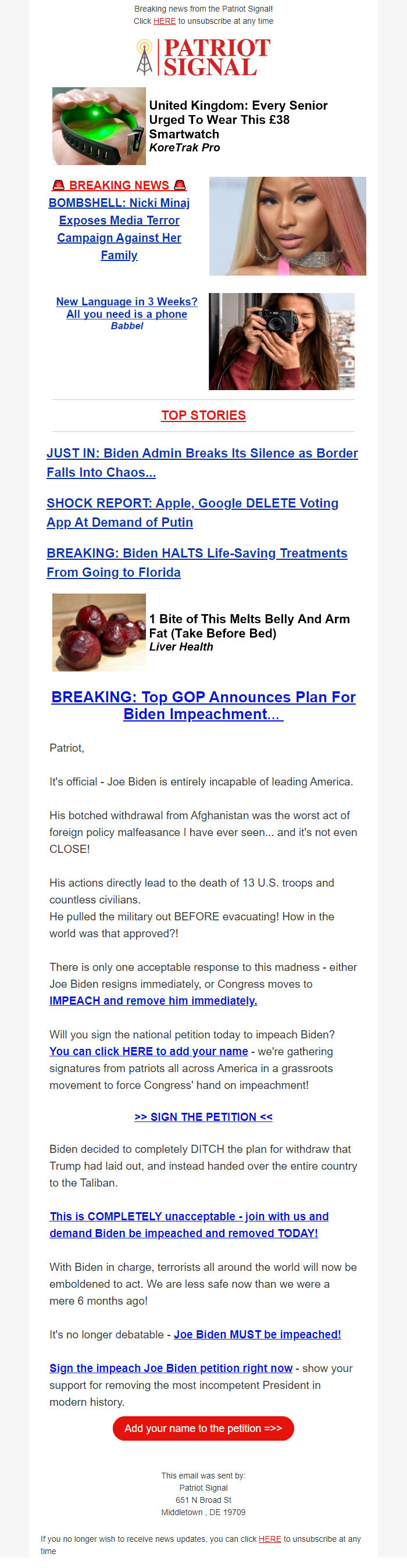 Screenshot of the email generated on import