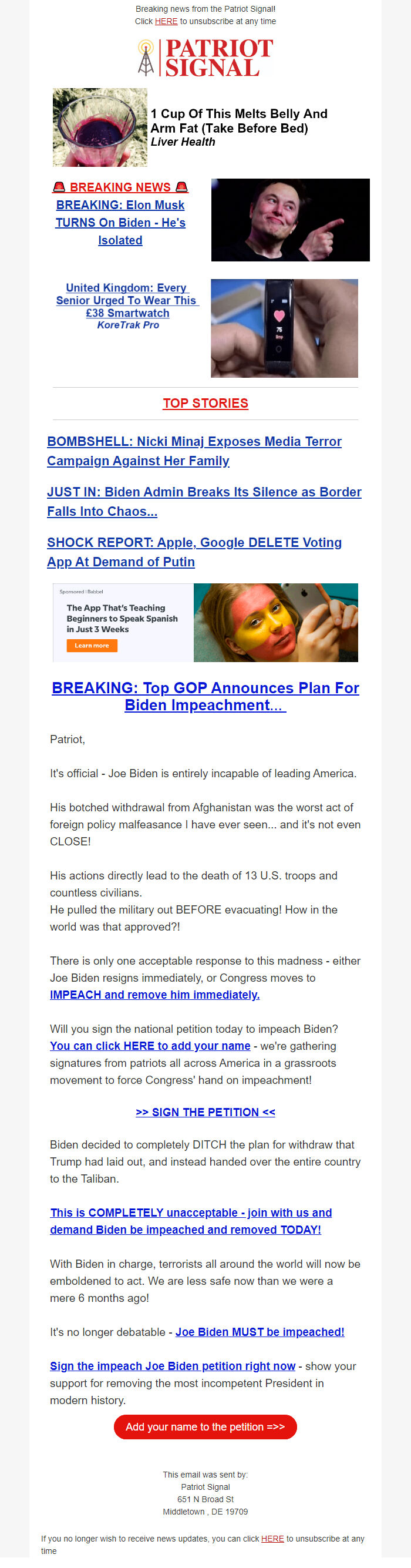 Screenshot of the email generated on import