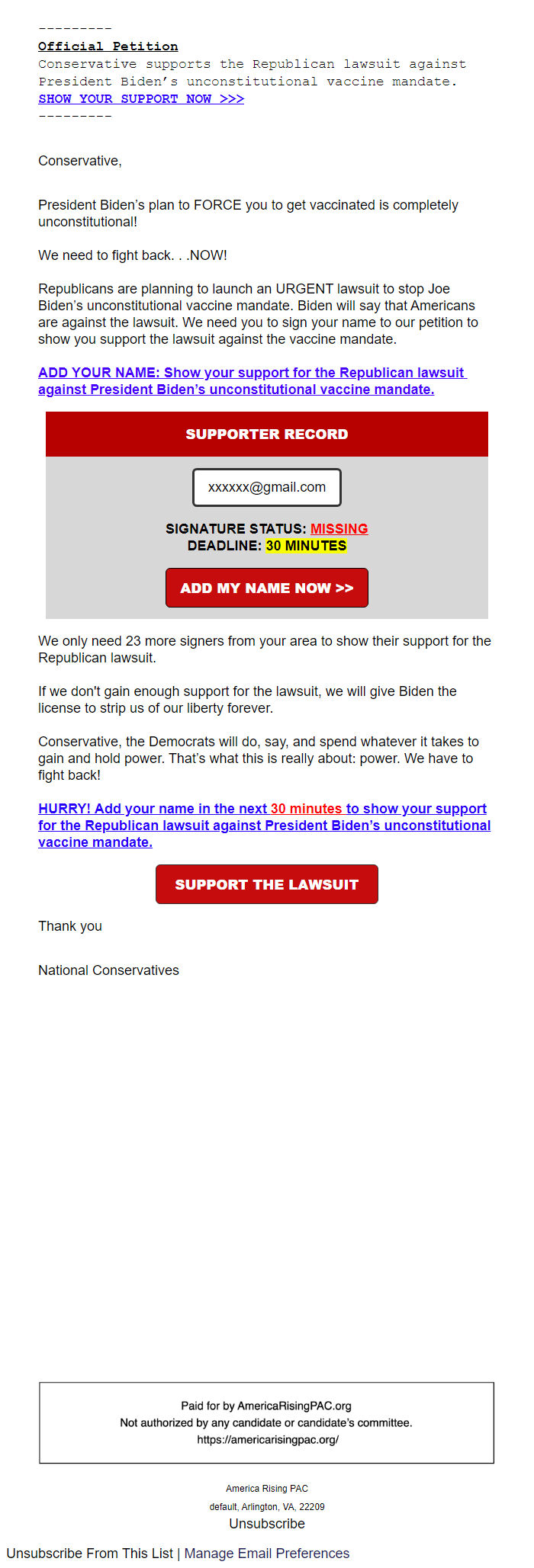 Screenshot of the email generated on import