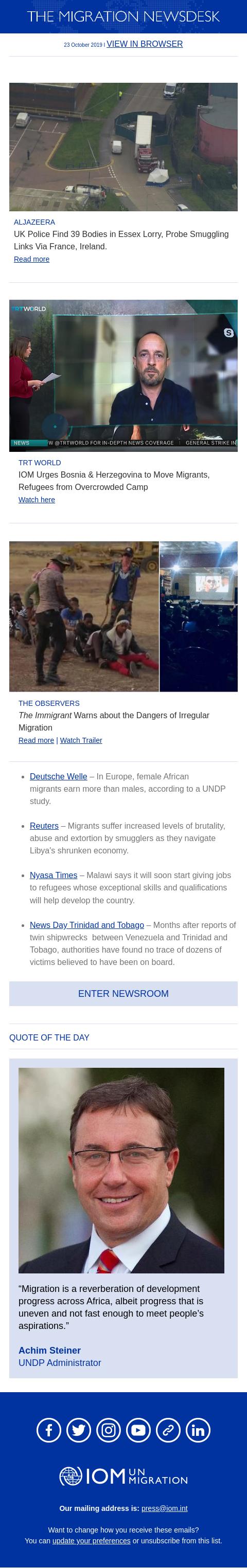 Screenshot of the email generated on import