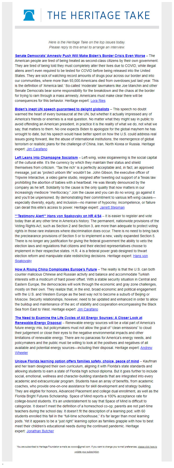 Screenshot of the email generated on import